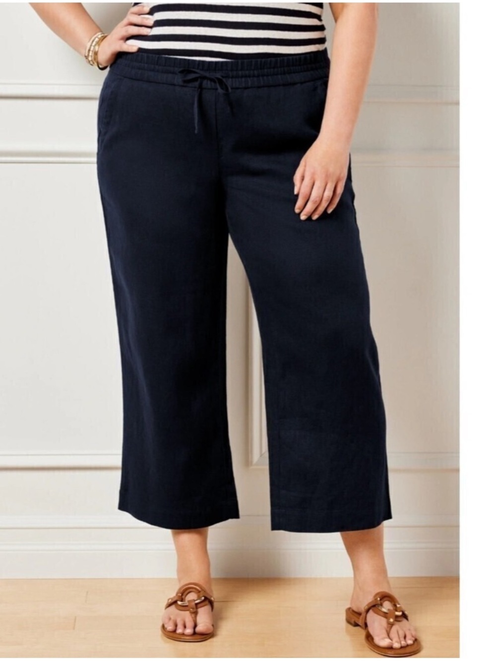 Talbots 100% Linen Flowy Wide Leg Pants Navy Stretchy Elastic Waist Sz 22W